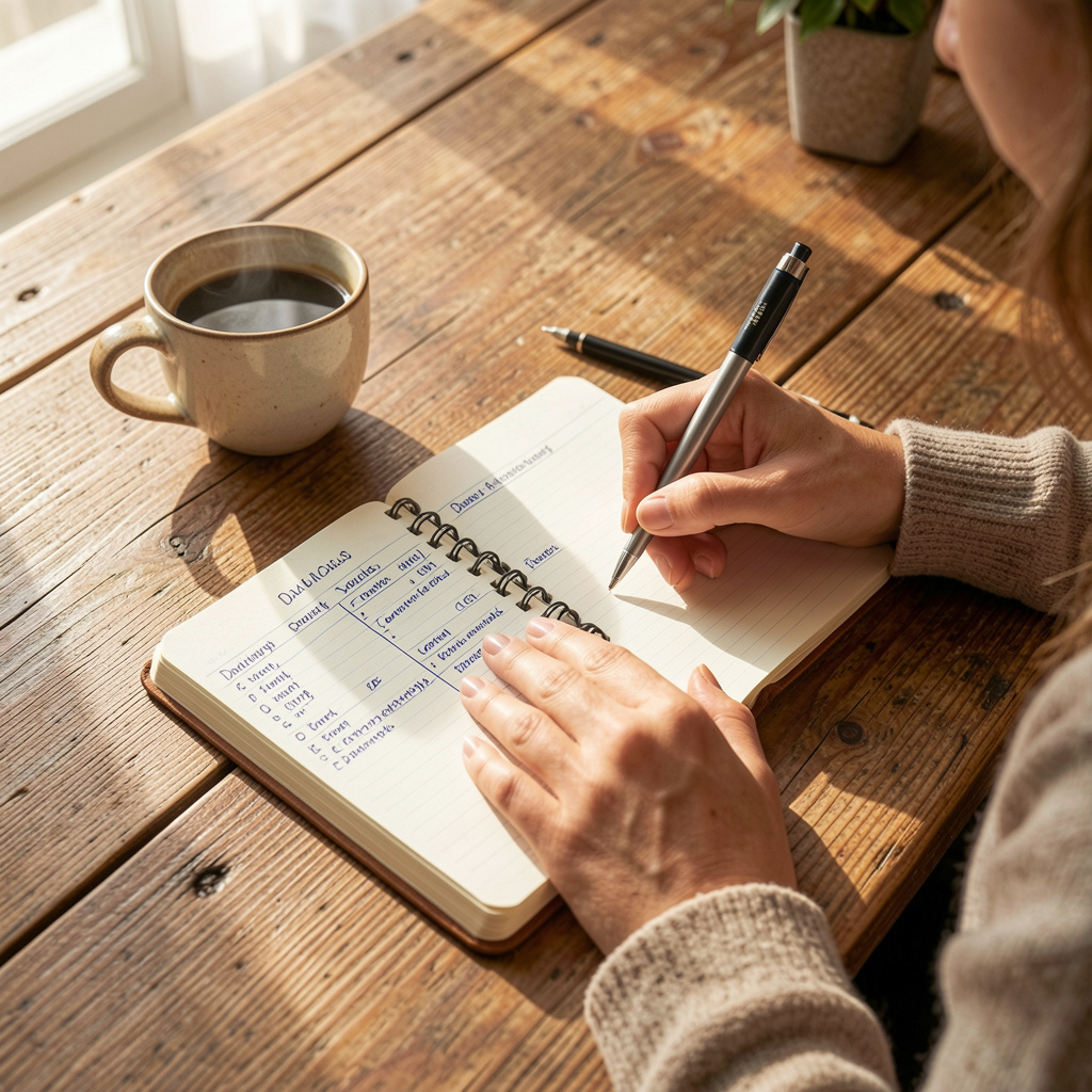 Person planning daily schedule in notebook