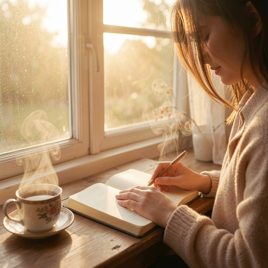 Person in peaceful morning setting with journal