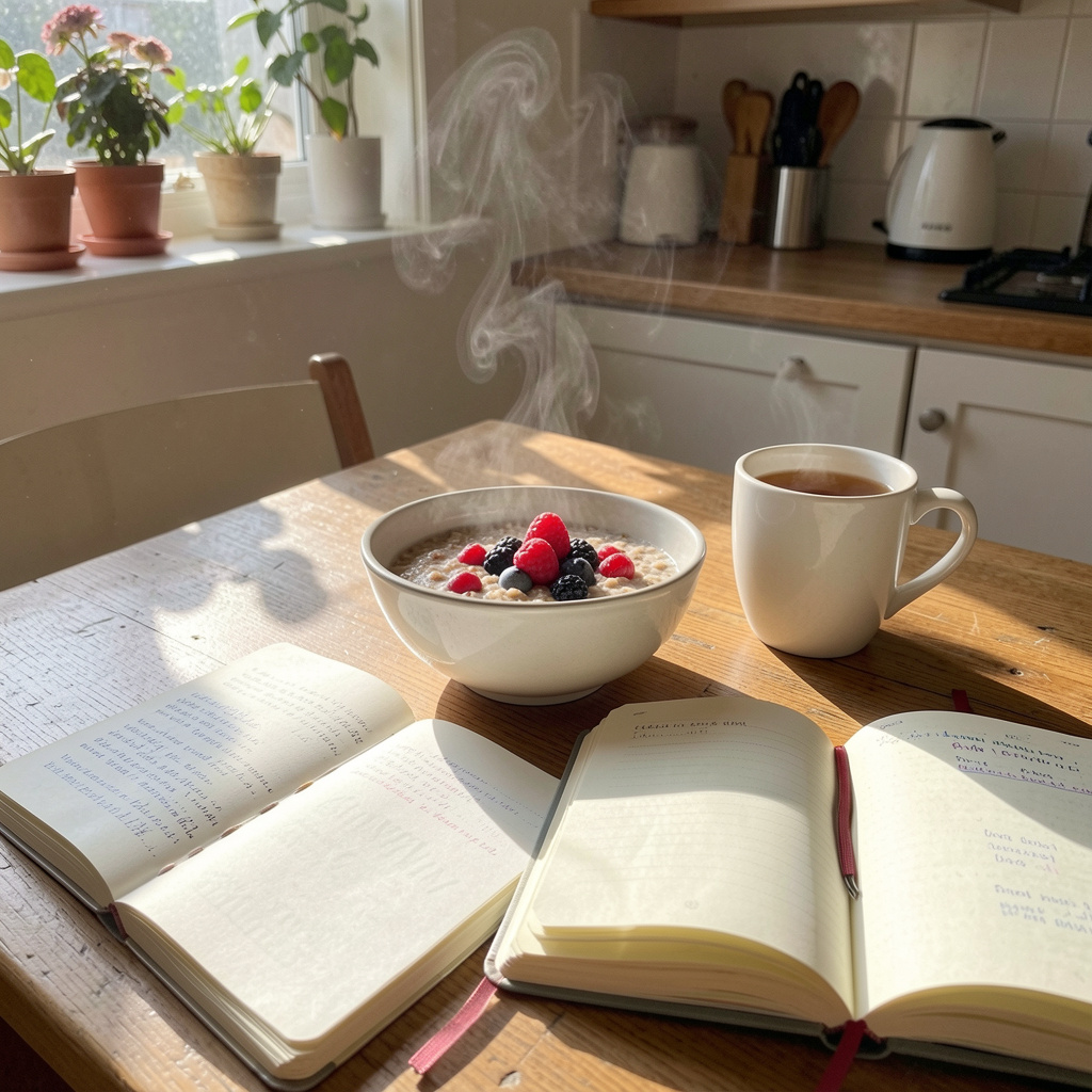 Morning routine with healthy breakfast and journal